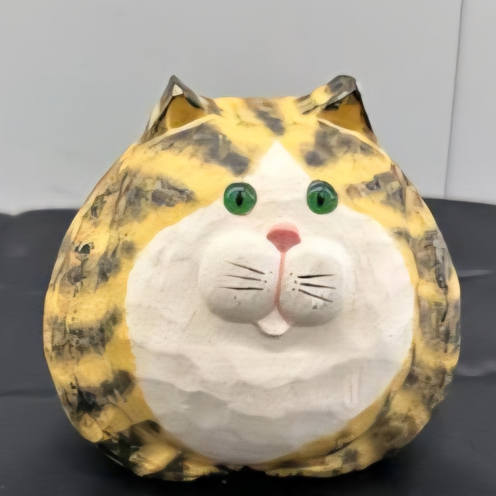 Hand Carved Wood Striped Yellow Tabby Fat Cat Green Glass Eyes Artist Sign Folk